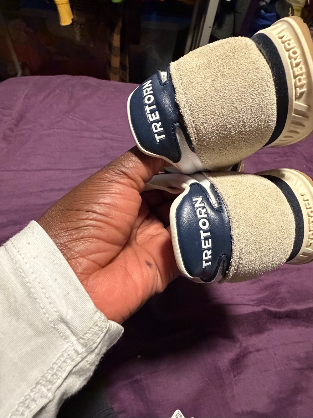 Tretorn Beige Suede Sneakers with Navy Heel Tabs